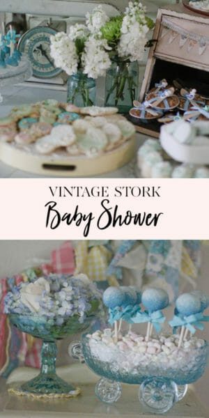 Vintage Stork Baby Shower | baby shower themes | stork themed baby shower | baby shower desserts | baby shower dessert table | how to host a baby shower | fun baby shower ideas || JennyCookies.com #babyshower #storkbabyshower #babyshowerdesserts #jennycookies