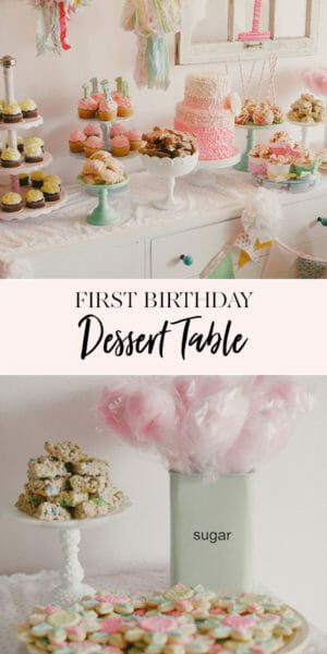 Simply Sweet & full of Pink | Finley’s 1st Birthday | first birthday party ideas | girl first birthday party | 1st birthday party decor | first birthday cake | birthday treat table || JennyCookies.com #firstbirthday #kidsbirthdayparty #partyideas #desserttable #jennycookies