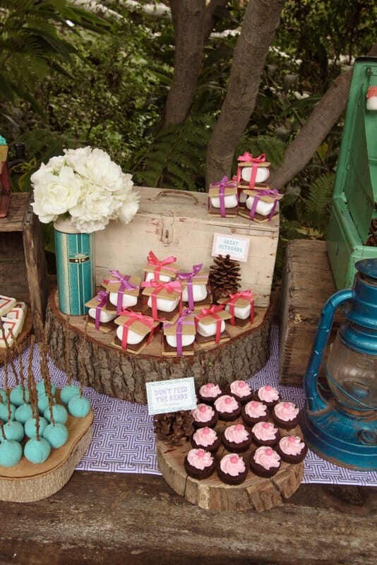 Camp Out Dessert Table | Camp themed party ideas | camping themed party | camping dessert ideas | camp themed desserts || JennyCookies.com #campingdesserts #campthemedparty #partyideas