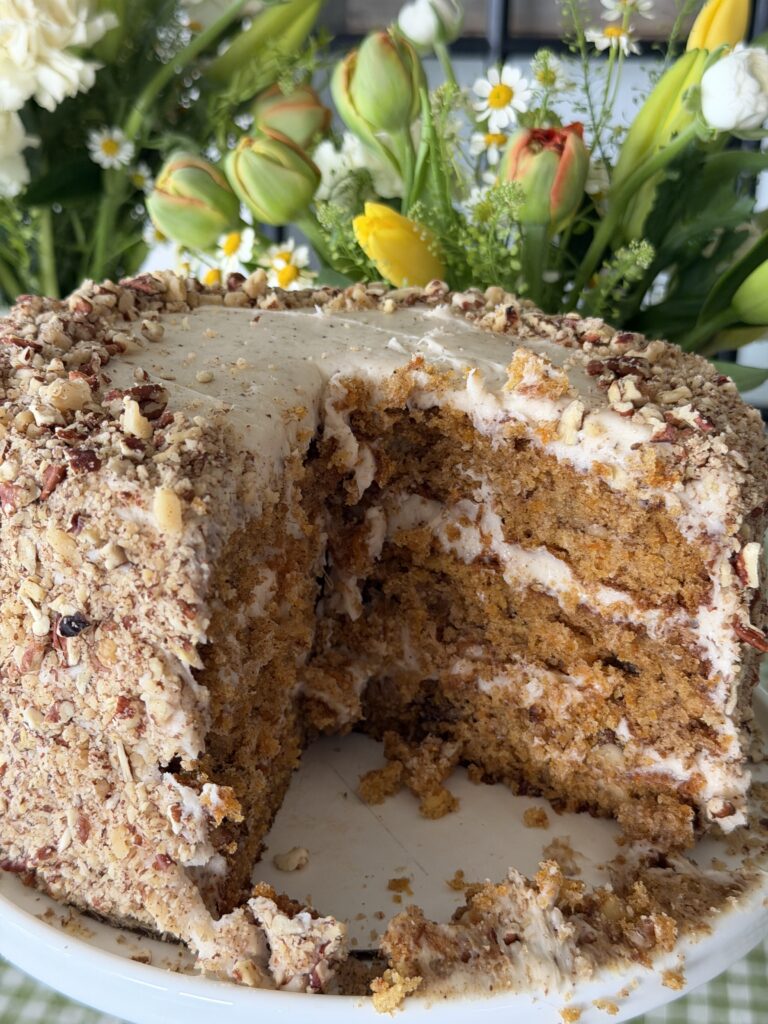 moist carrot cake with brown butter cream cheese frosting