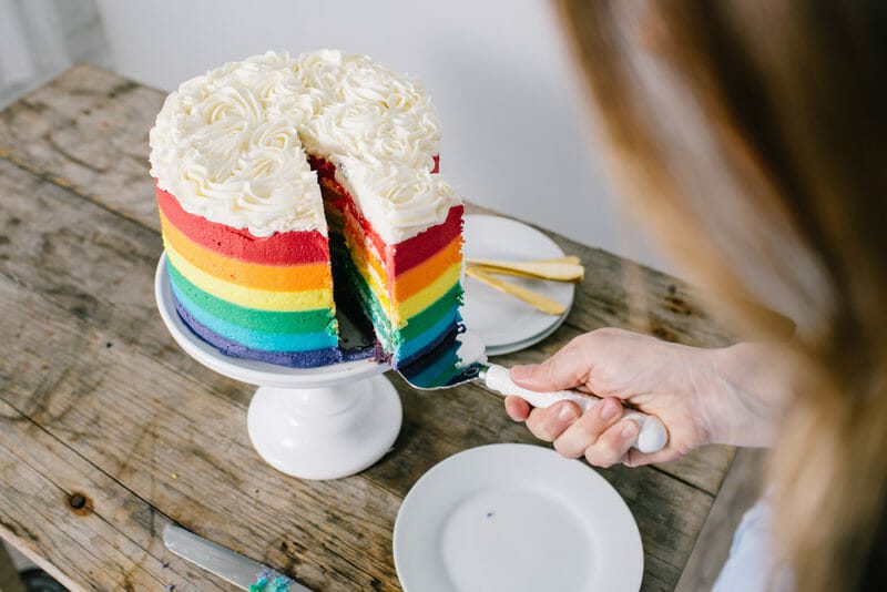 DIY Rainbow Surprise Cake | fun birthday cake ideas | rainbow cake recipes | surprise cake recipe | DIY cakes | homemade birthday cakes | how to make a rainbow cake | cake tutorials || JennyCookies.com #rainbowcake
