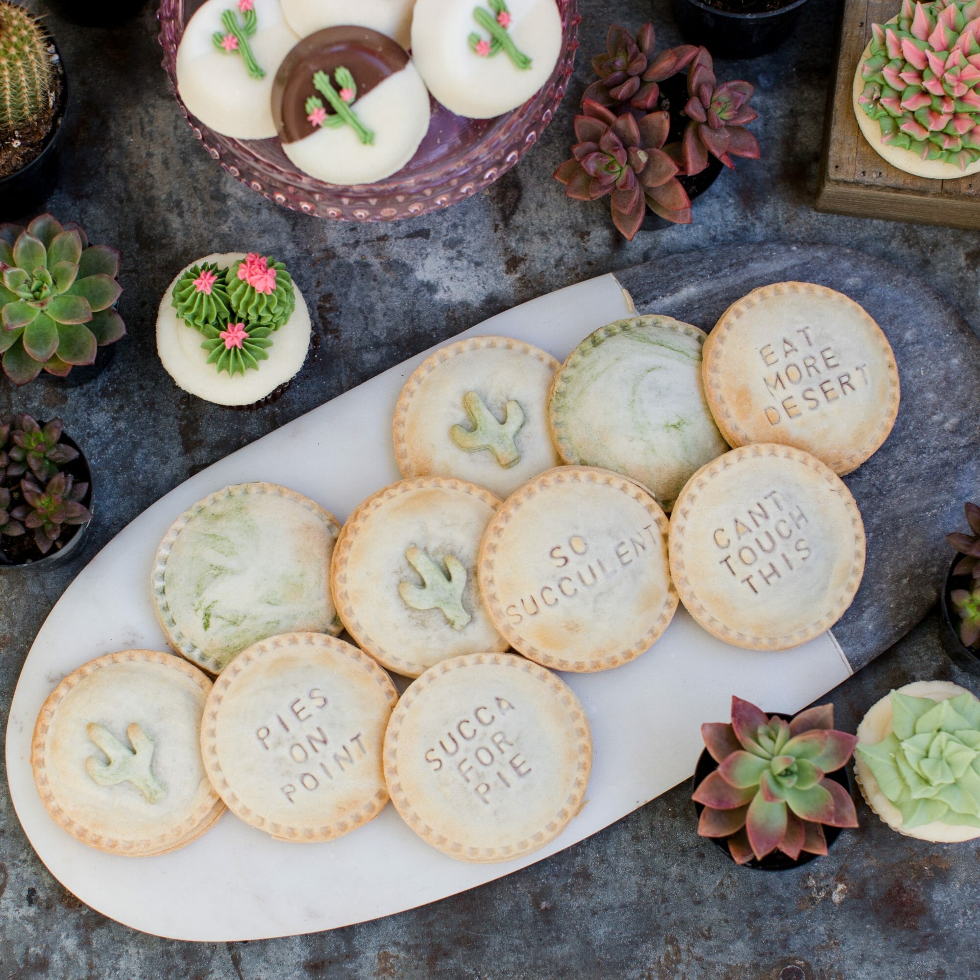 Succulent Themed Desserts || JennyCookies.com #succulents #dessertideas #themedesserts #jennycookies