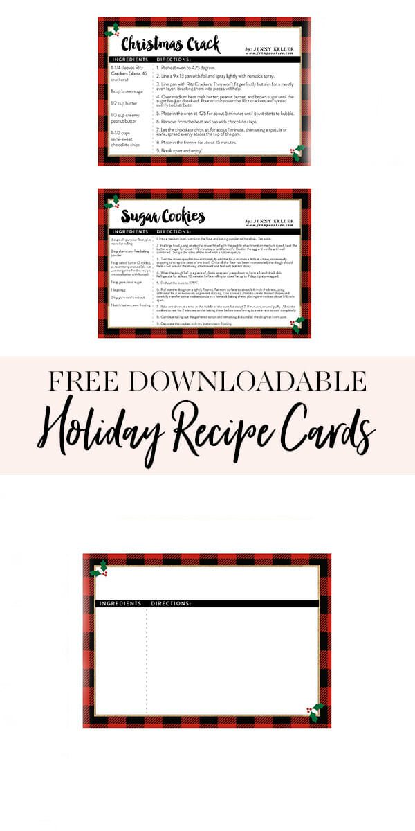 With two of my favorite holiday recipes, snag these printable holiday recipe cards. One is blank for your favorite holiday recipe and the others include my Christmas Crack and famous sugar cookies recipes! || JennyCookies.com #recipecards #printablerecipecards #recipecards #holidayrecipes