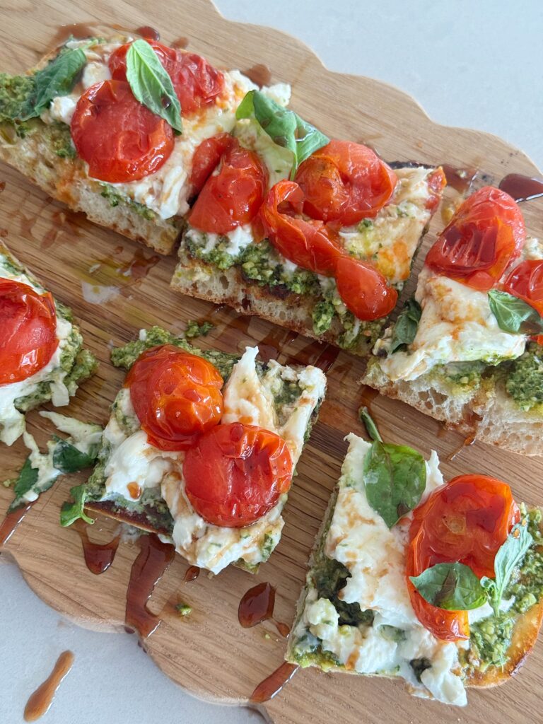 Roasted Tomato Burrata Ciabatta with Pesto (Easy Party Appetizer)