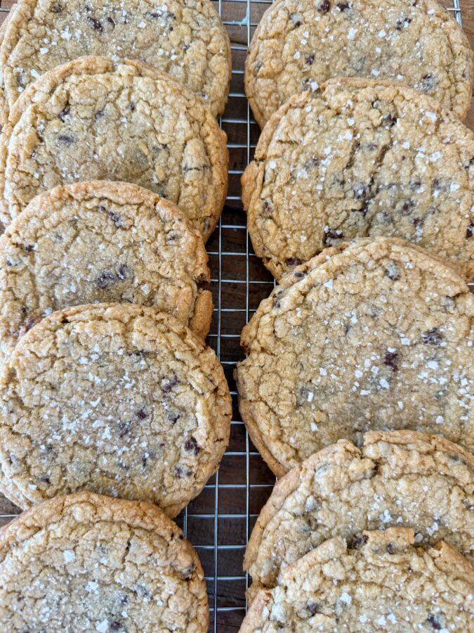chewy oatmeal chocolate chip cookies stacked on top of each other.
