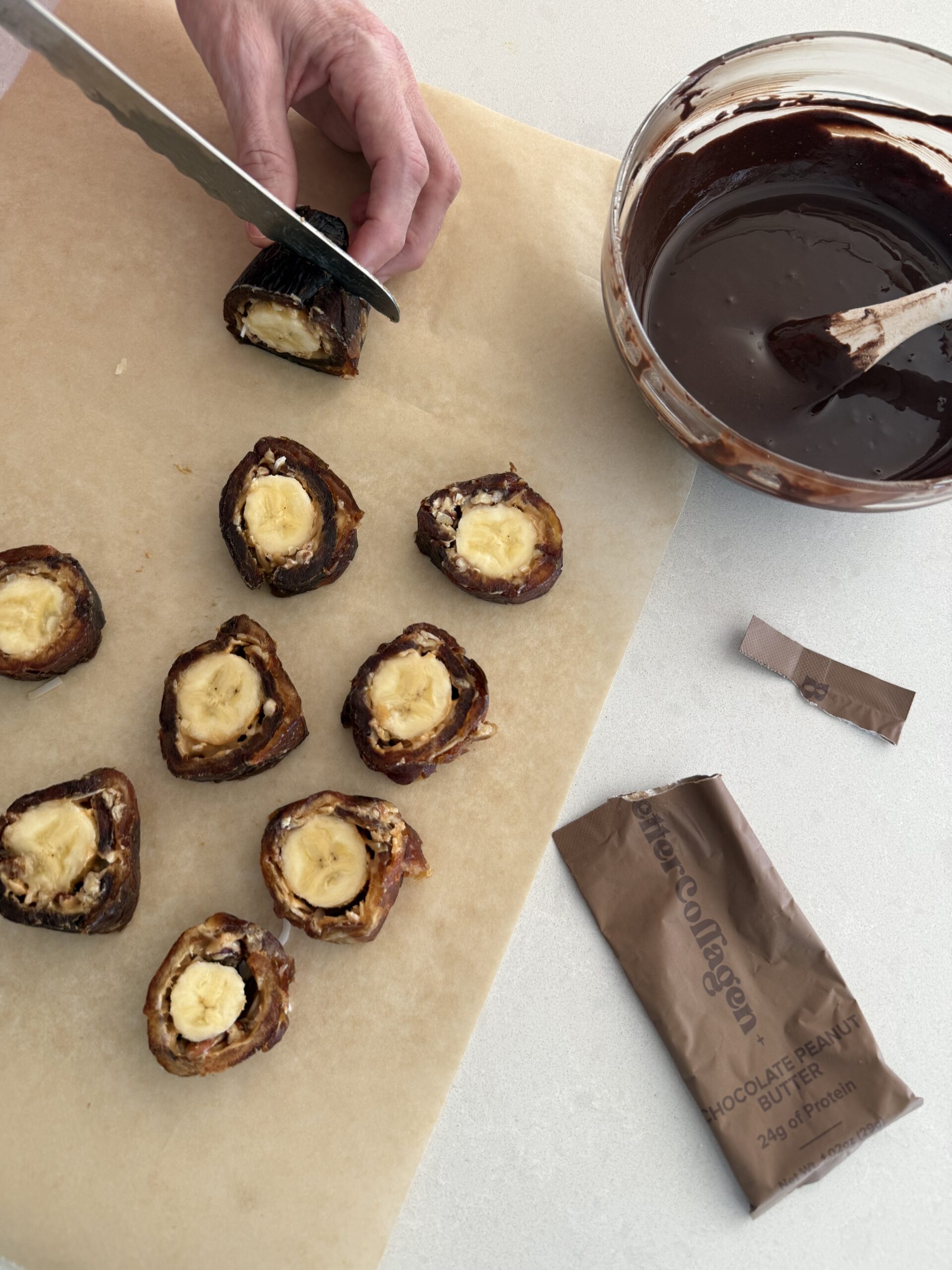 Chocolate-Dipped Banana Date Sushi (With 24g Protein Added)