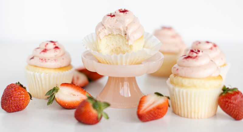 vanilla cupcakes with strawberry buttercream
