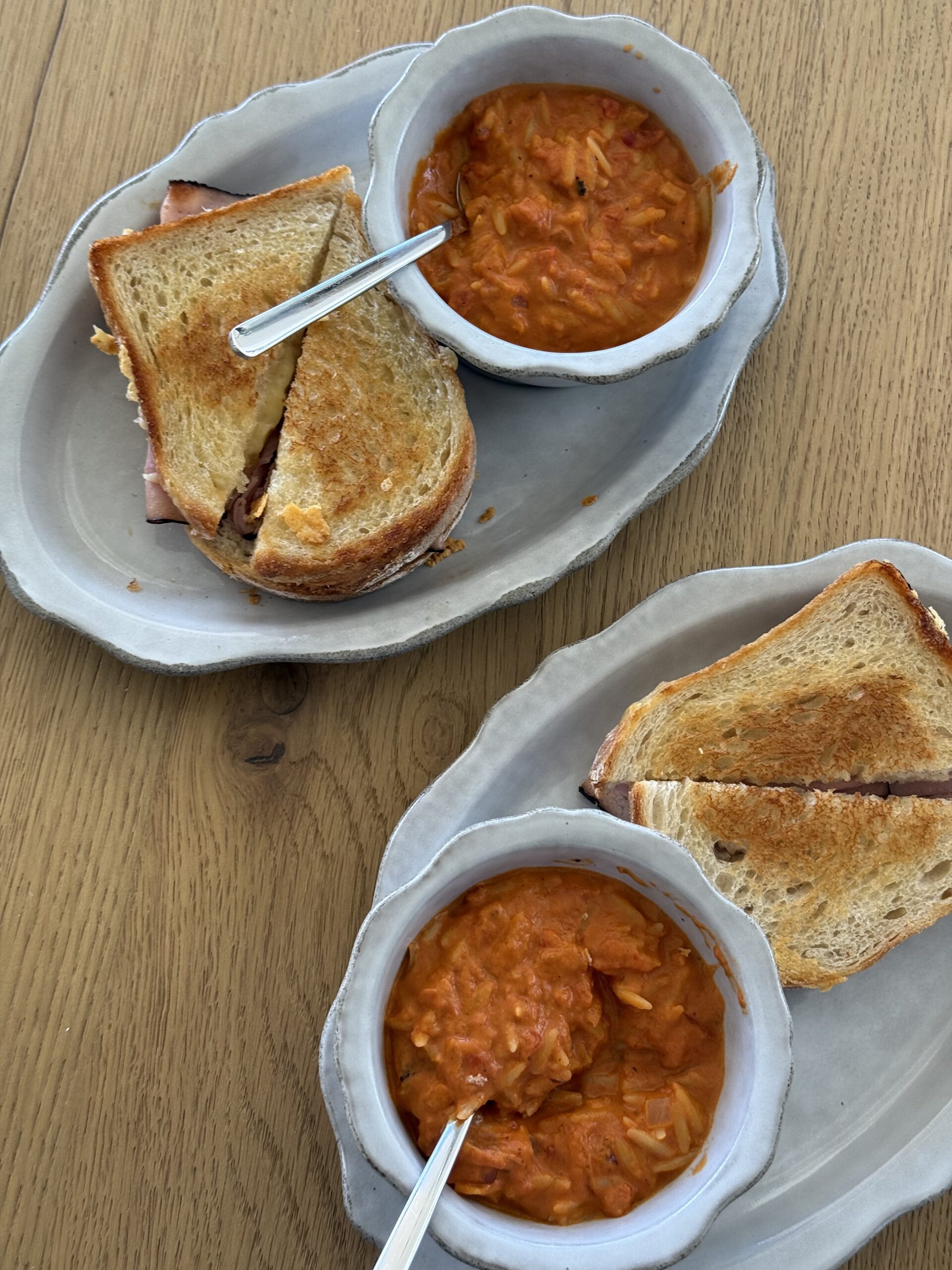 Creamy Tomato Orzo Soup with Grilled Ham & Cheese Sandwiches